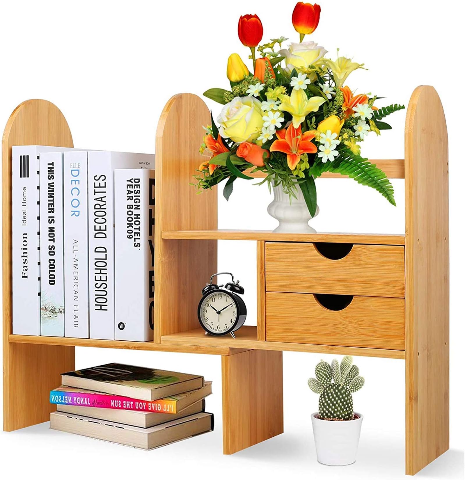 zicheng maoyi Desktop Bookshelf Bookcase with Drawers, Adjustable Desk Storage Organizer Display Shelf Rack Holder for Home Office Desk Supplies Organiser