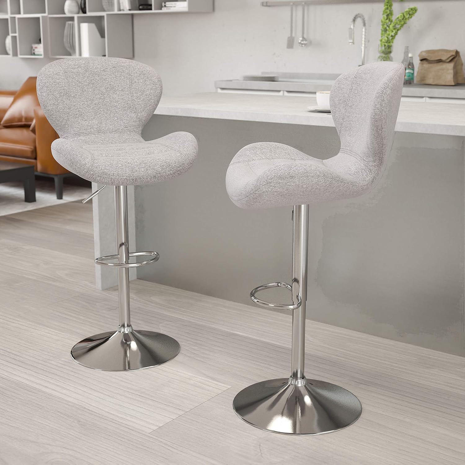 Flash Furniture 2 Pack Contemporary Gray Fabric Adjustable Height Barstool with Curved Back and Chrome Base: Furniture & Decor