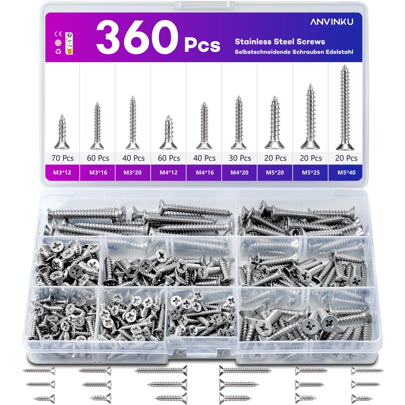 ANVINKU Stainless Steel Screws, 360 PCS Self Tapping Screws, M3/M4/M5 Countersunk Wood Screws Assortment, 304 Stainless Steel Self Tapping Screws, Assorted Wood Screws For Woodwork Indoor Outdoor