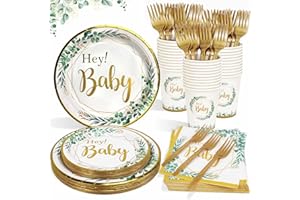 Baby Shower Decorations Neutral Sage Green Plates Set for 25 Guests, 125 Pieces Paper Plates Cups Napkins Cutlery for Baby Sh