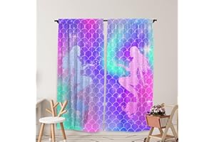 Yilinata Little Mermaid Scale Window Curtains for Kids Girls Blue and Pink Curtain for Baby Living Room Bedroom Nursery Toddler Home Rod Pocket Drapes Decor Durable Fabric 84 in x 84 in