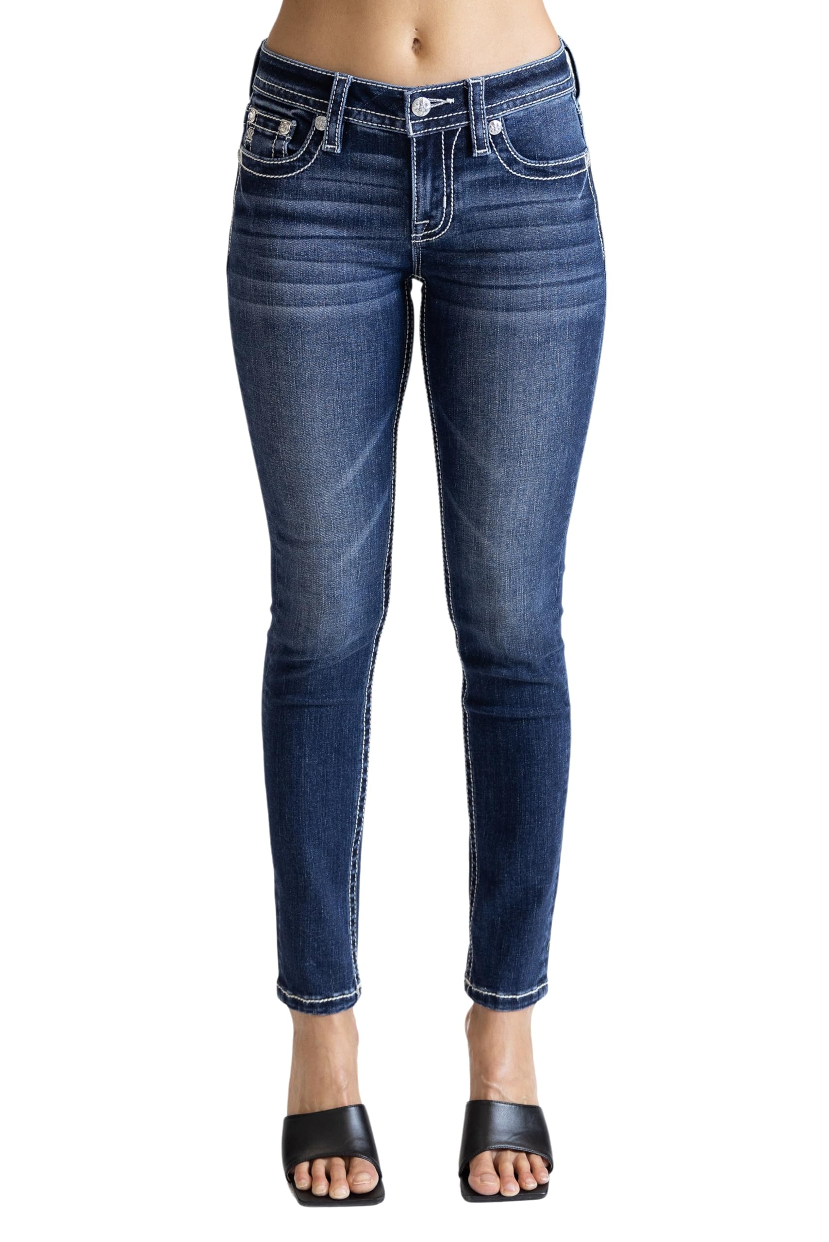 Photo 1 of Miss Me Women's Bohemian Feathered Wings Faux Flap Pockets Mid-Rise Skinny Jeans (Dark Blue, 31