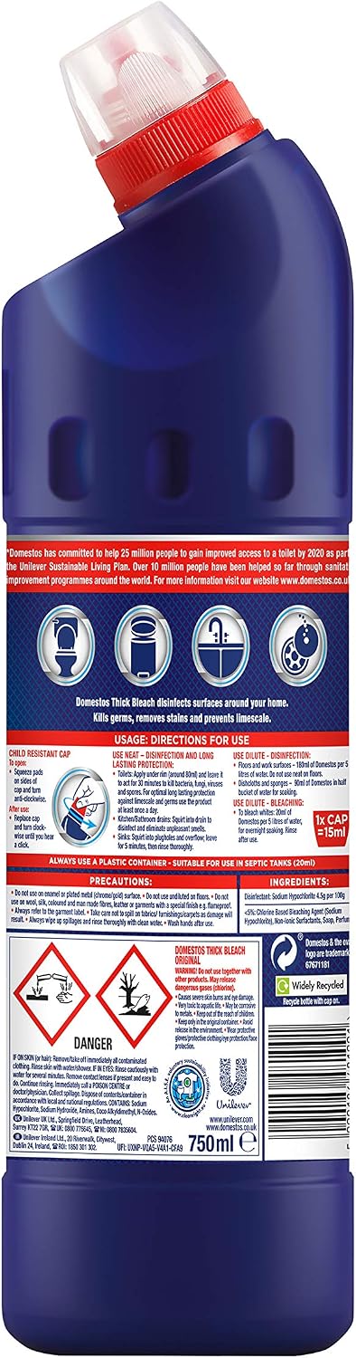 Domestos Original Thick Bleach disinfectant that eliminates 99.99% of bacteria and viruses* unstoppable strength 750 ml - Image 3
