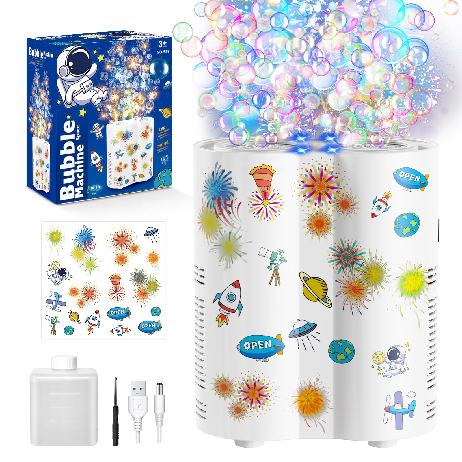 PANACARE Astronaut Soap Bubble Machine Fireworks Bubble Machine for Kids 20000+ Bubble per Min/Lights/Diy Stickers/240ml Solution Automatic Bubble Machine Toy for Kids Summer Outdoor Party Wedding