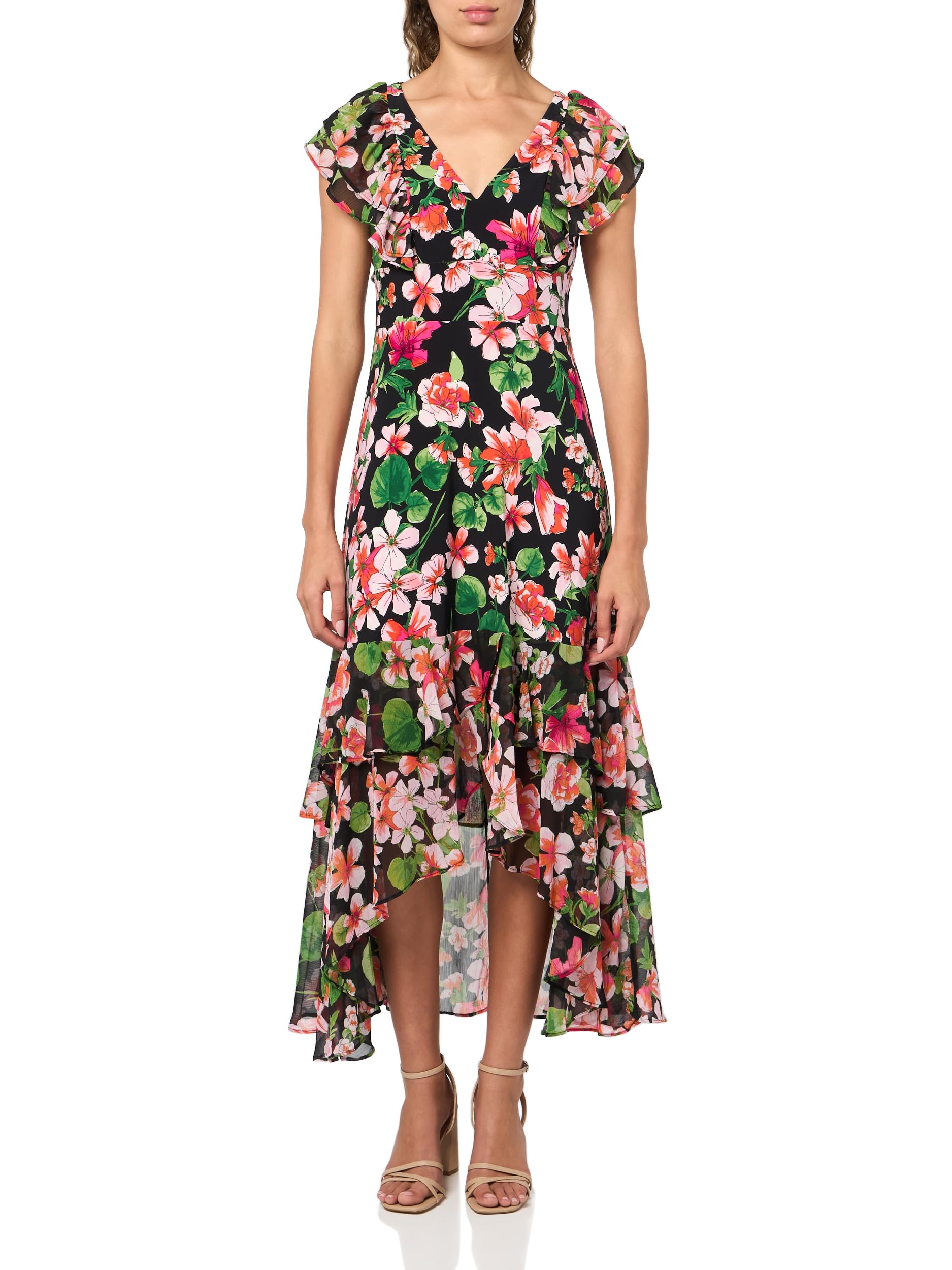 Tommy Hilfiger Women’s Flutter Sleeve V-Neck Ruffle Trim Hi Lo Midi Dress, Black Multi, 14