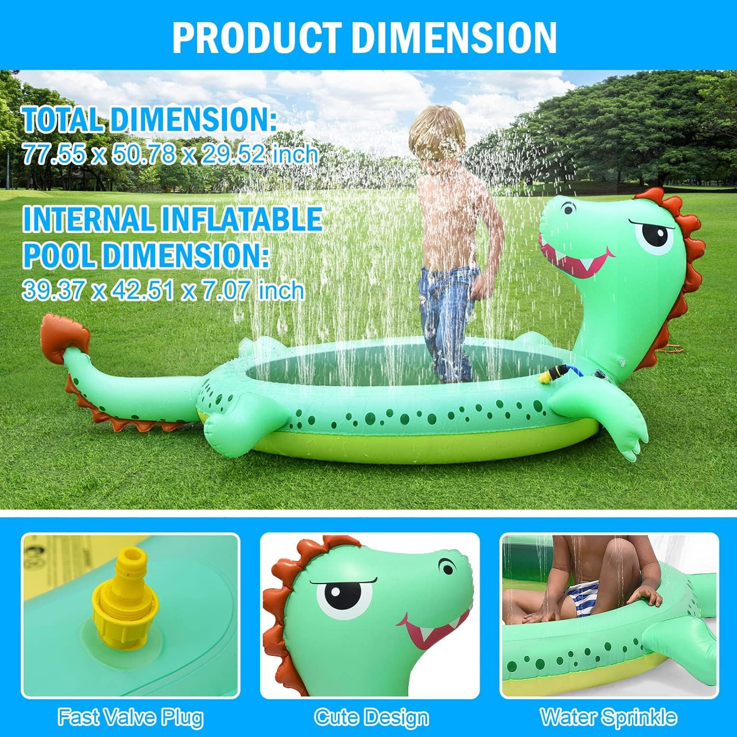 Vumdua Dinosaur Inflatable Sprinkler Pool for Kids, 77'' Kiddie Pool Splash Pad for Kids Toddlers, Baby Wading Pool Swimming Pool Outdoor Water Toys for Boys and Girls: Health & Personal Care