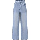 EXARUS Girls Jeans Crossover/Frayed Baggy Pants Wide Leg Denim Teen Elastic Waist Straight Mid Waisted for Kids 8-14Y