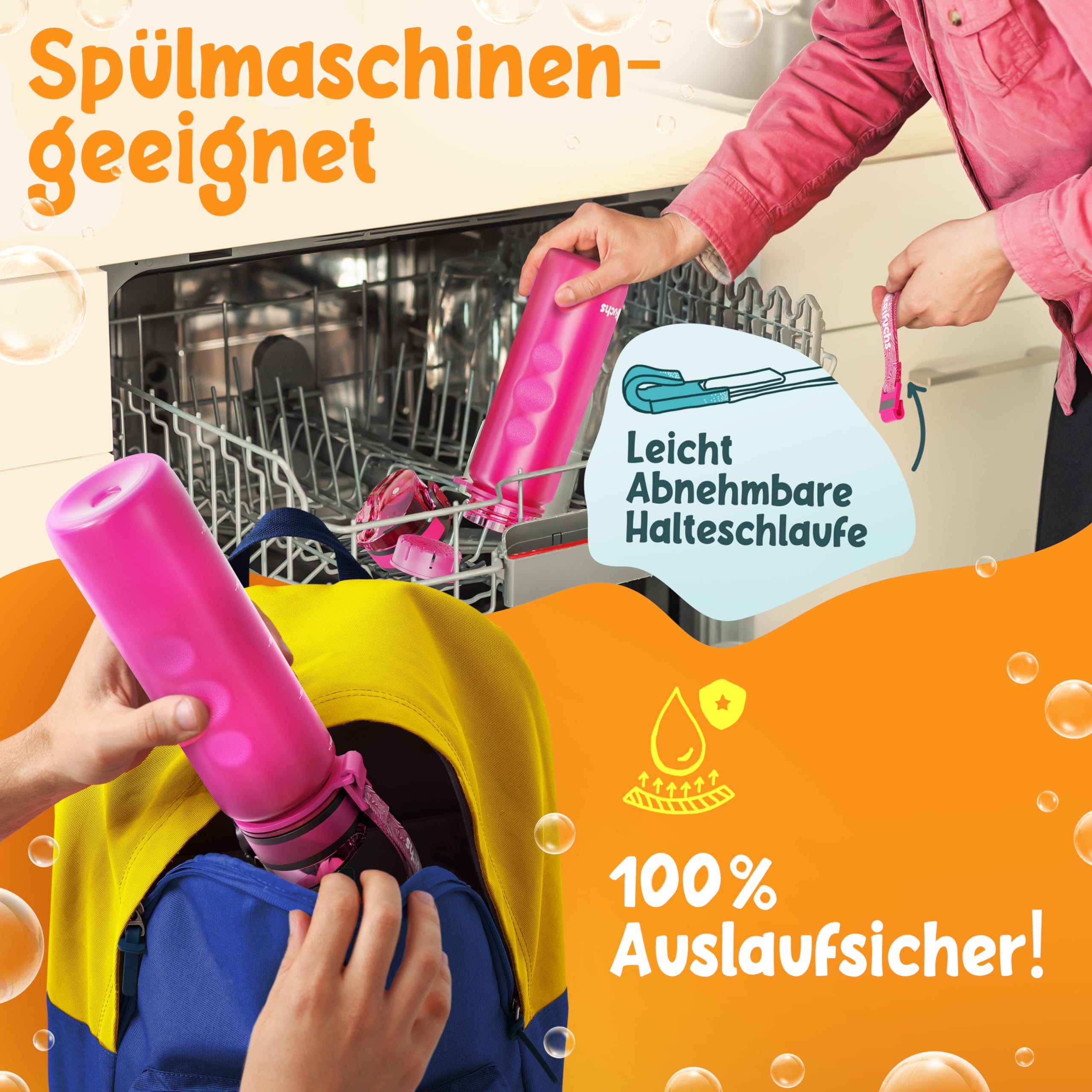 Funkelfuchs®- Trinkflasche für Kinder – 500ml, Pink – Kohlensäure geeignet - 100% auslaufsicher - Wasserflasche spülmaschinenfest - für Kindergarten, Einschulung, Schule, Sport 5