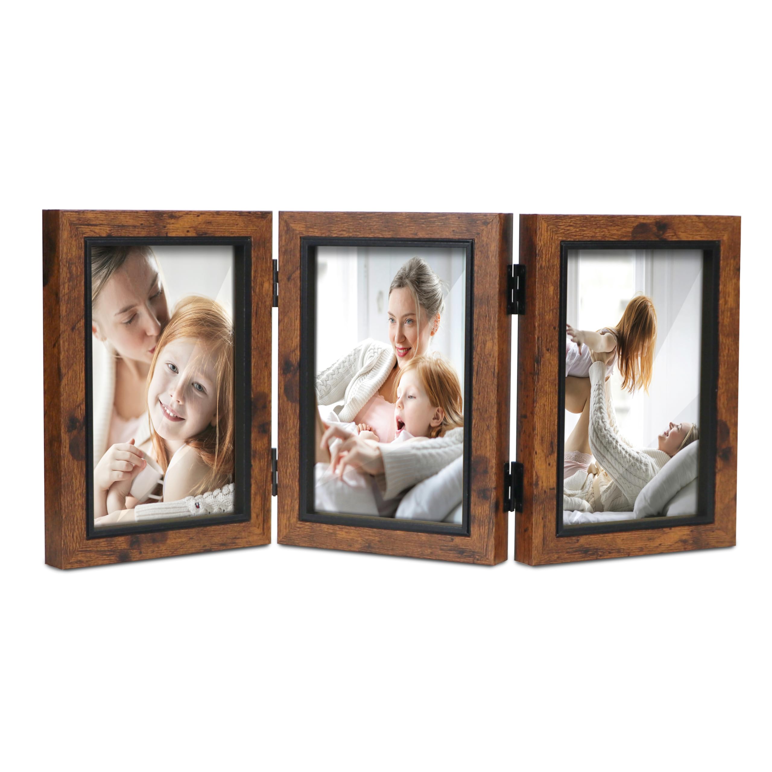 Shampsen Trifold Photo Frame 4x6 Three Photo Collage Hinged Triple Foldable Frame for Tabletop Desk Display Gift for Mother,Friend — image 1