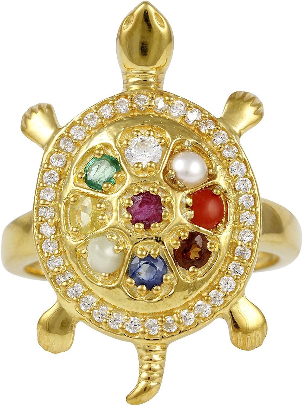 Dabangjewels Round Cut White CZ Diamond Navaratna Tortoise Ring for Men & Women 14k Yellow Gold Plated
