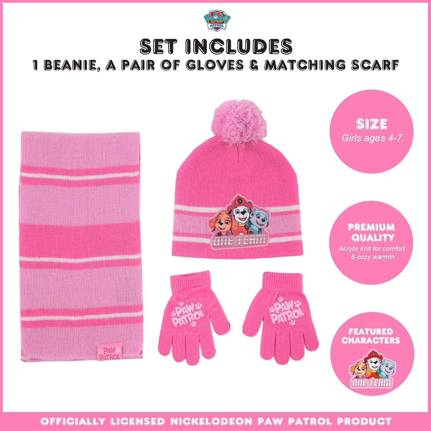 Nickelodeon Girls' Paw Patrol Hat, Scarf Cold Weather, Pink Glove Set Age 4-7, Mittens or Gloves Set-Age 2-7: Clothing