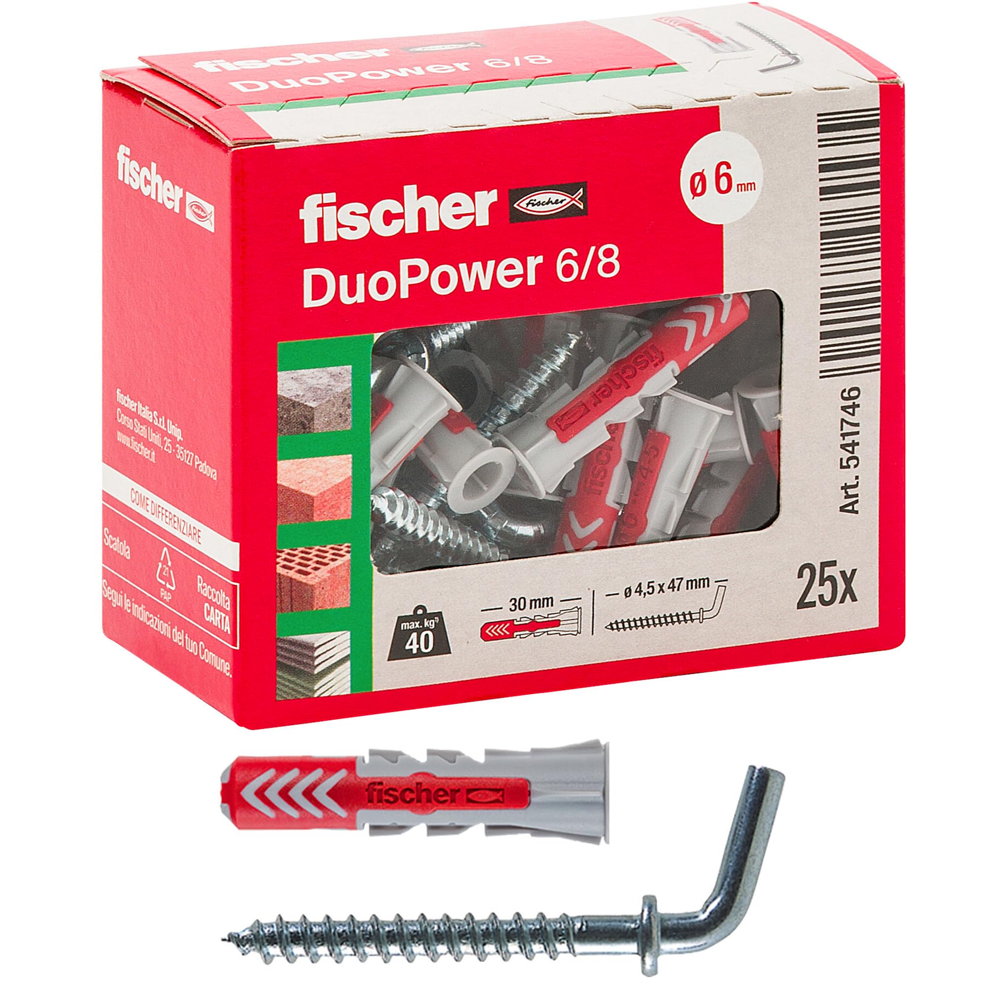 Fischer 541746 Dowel with Short Hook Duopower, Grey/Red, 25 pz, Set of 25 Pieces