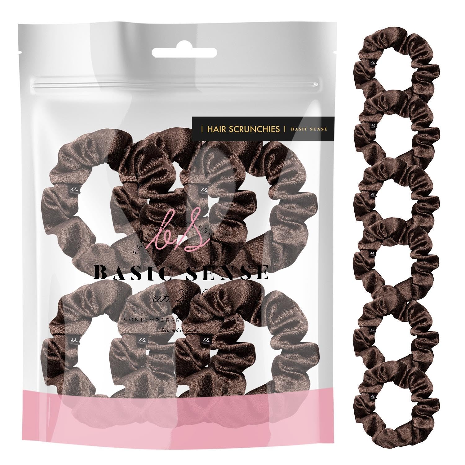 Basic Sense Skinny Satin Hair Scrunchies for Fine Hair, Snag-Free, Strong Hold, A set of 6pcs, Dark Brown
