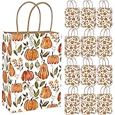 JarThenaAMCS 24Pcs Fall Kraft Paper Bag Pumpkin Floral Leaves Treat Bags with Handles Rustic Candy Goodie Gift Bags for Autumn Harvest Thanksgiving Birthday Party Favors Supplies