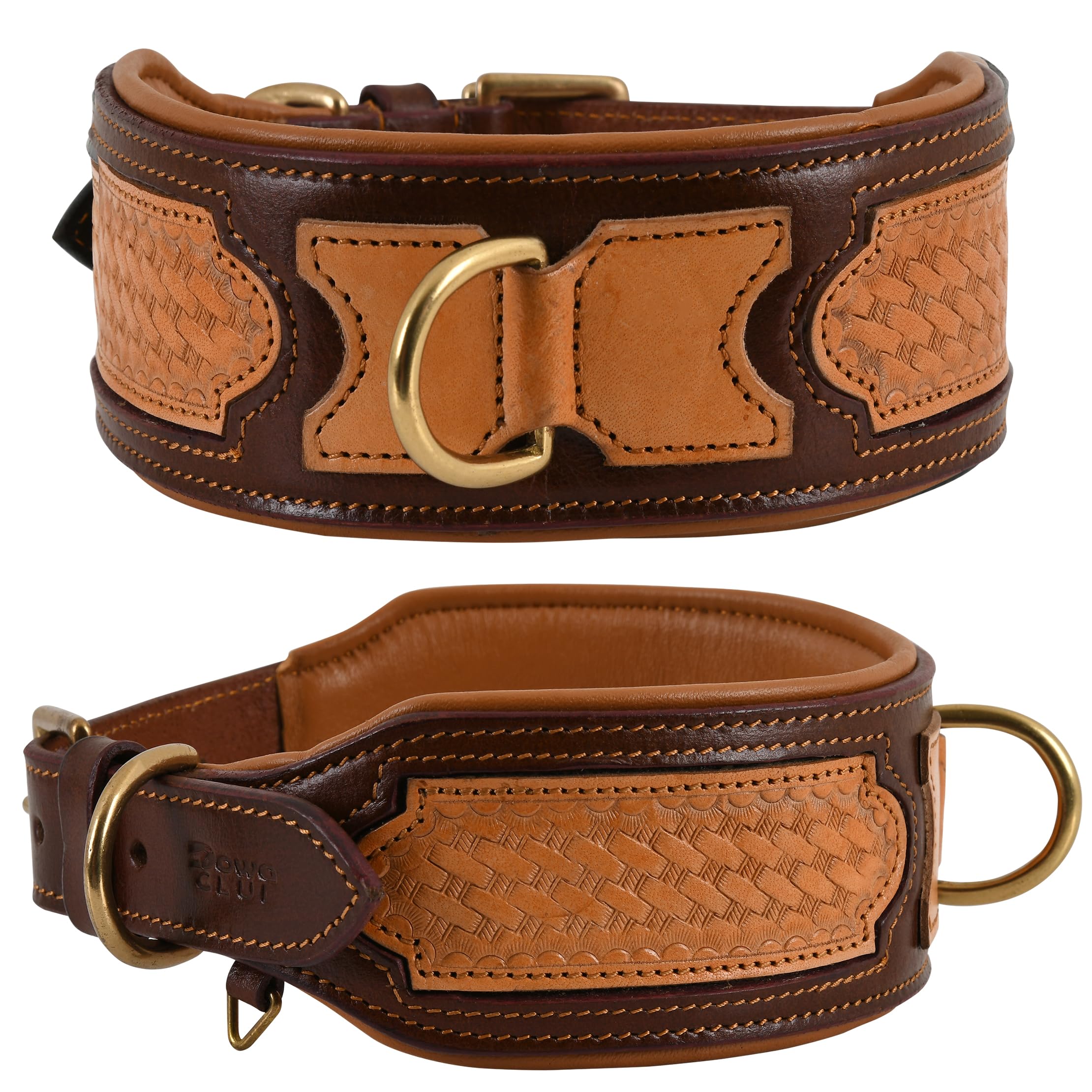Photo 1 of ‘Incise’ Series Dog Collar by DowgClub, Handmade, Handcarved, Western Style, Tasteful Tooling, Genuine Bridle Leather, Soft, Cushion Padding (Sienna Brown, 2" Wide (Fit Neck 14.5"-18.5"))