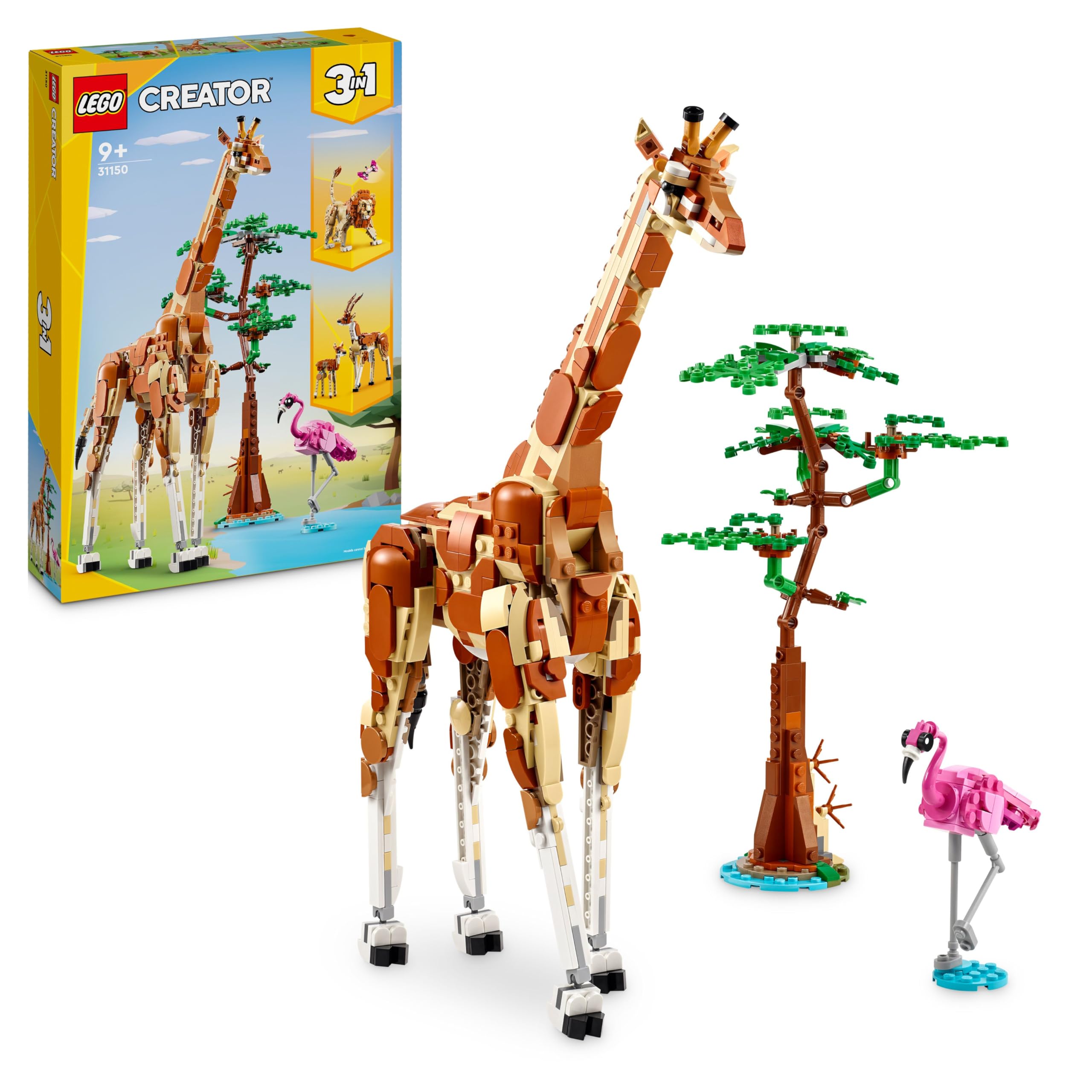 LEGO Creator 3 in 1 Animali del Safari, Giocattolo Trasformabile da Giraffa e Fenicottero in 2 Gazzelle o in Leone e Farfalla, Giochi per Bambine e Bambini da 9 Anni in su, Idea Regalo Creativa 31150