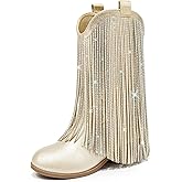 LAURMOSA Rhinestone Fringe Cowgirl Boots for Girls Mid Calf Pointed Toe Cowboy Boots for Toddler Little Big Kids Party Country
