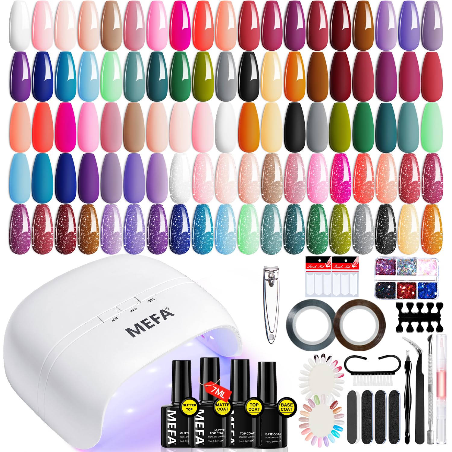 Photo 1 of MEFA 60 Pcs Gel Nail Polish Kit with U V Light, 32 Colors Classic Popular Nail Kit Soak Off Nail Polish Gel Set with Base Matte/Glossy Top Coat Nail Art Decorations Manicure Tools DIY Gifts