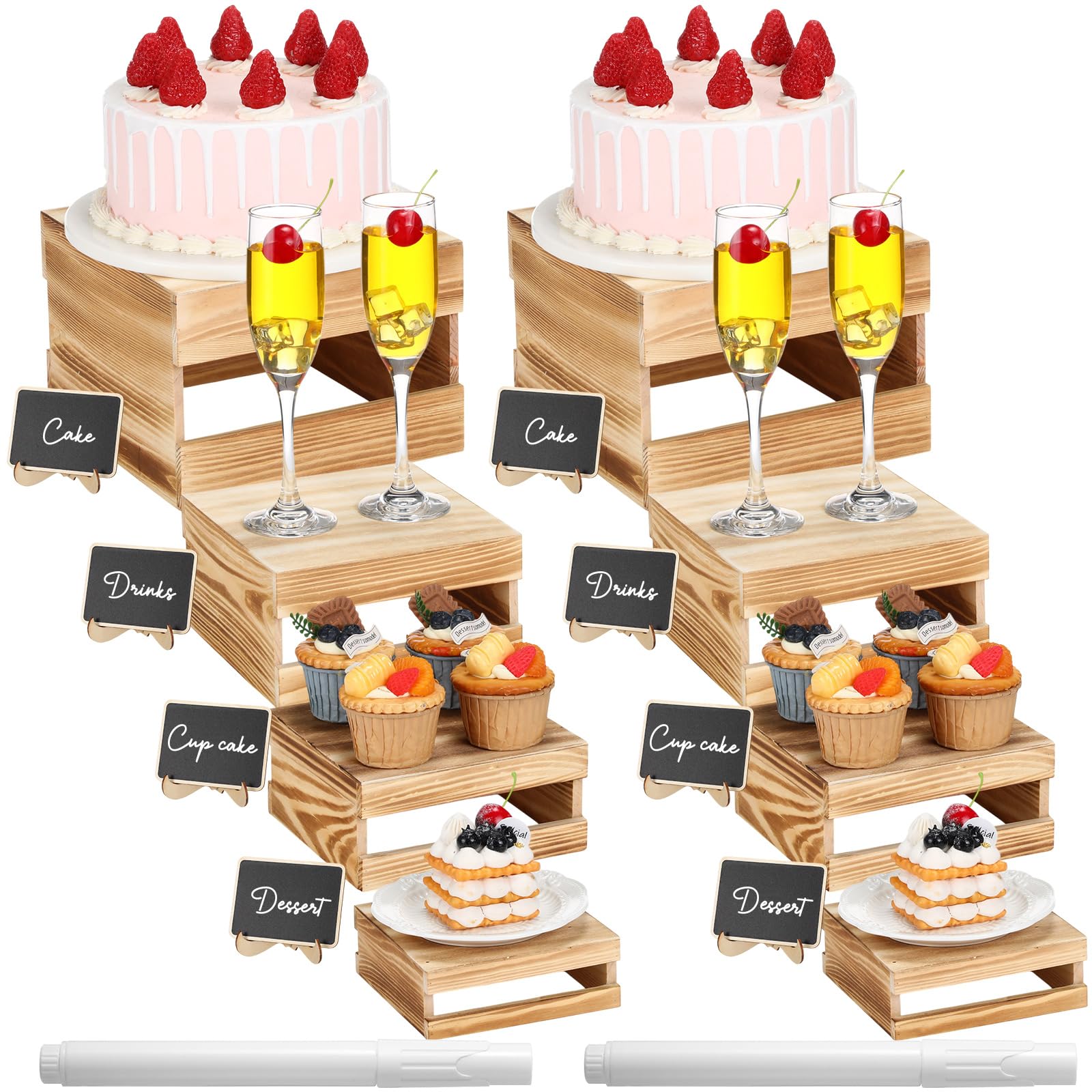 Photo 1 of Lallisa 8 Pcs Buffet Risers with Mini Signs Bulk Wooden Food Risers for Buffet Table Rustic Wood Cake Stands Crate Dessert Display Stand with Hollow Bottoms for Wedding Birthday(Classic Color)