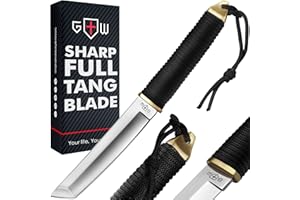 Tanto Camping Knife with Sheath - 5.9" Fixed Full Tang Mirror Polished Blade - Cool Survival Knives with Black Paracord Handl