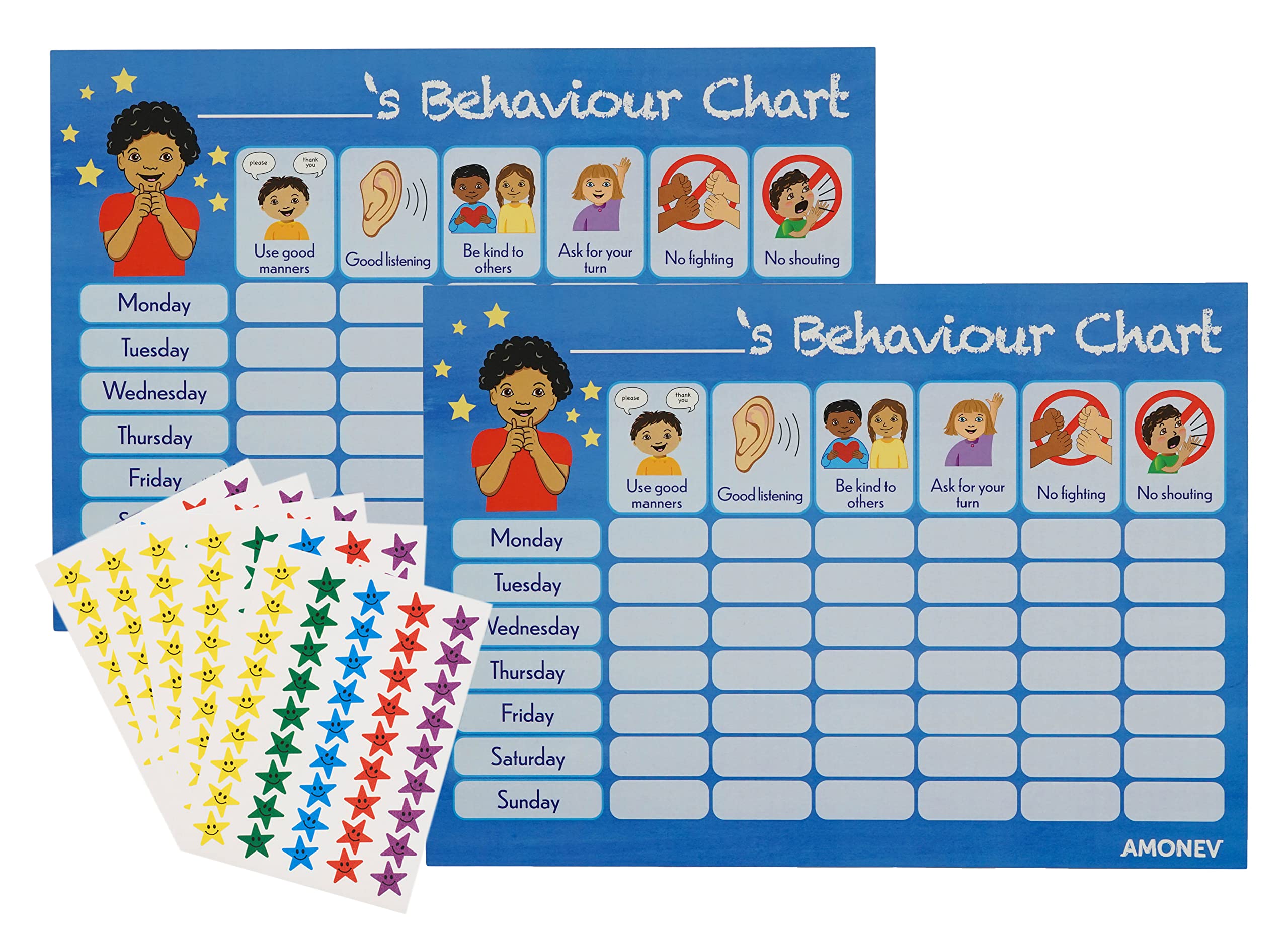 Amagenius Amonev Behaviour chart 2x Blue Pack Amonev Behaviour Reward Charts for boys and girls Toddlers Twin Pack with 225 star stickers included