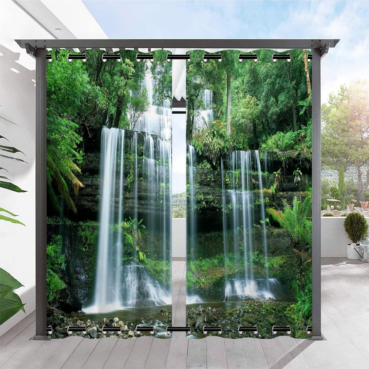 Outdoor Curtains - ANHOPE Outdoor Curtains Waterproof Grommet Top & Bottom Windproof Outside Curtains with Nature Landscape Waterfall Forest Print Pattern Privacy Curtains for Patio Pergola Gazebo 2 Panels 54 x 84 Inch