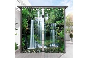 ANHOPE Outdoor Curtains Waterproof Grommet Top & Bottom Windproof Outside Curtains with Nature Landscape Waterfall Forest Print Pattern Privacy Curtains for Patio Pergola Gazebo 2 Panels 42 x 84 Inch