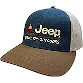 Jeep Explore The Outdoors Trucker Hat – Heather Navy/Khaki/Brown – Embroidered Logo, Snapback Closure, Mesh Back