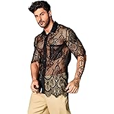 WDIRARA Men's Floral Embroidery Contrast Mesh Tops Stand Collar Short Sleeve Button Down Shirt
