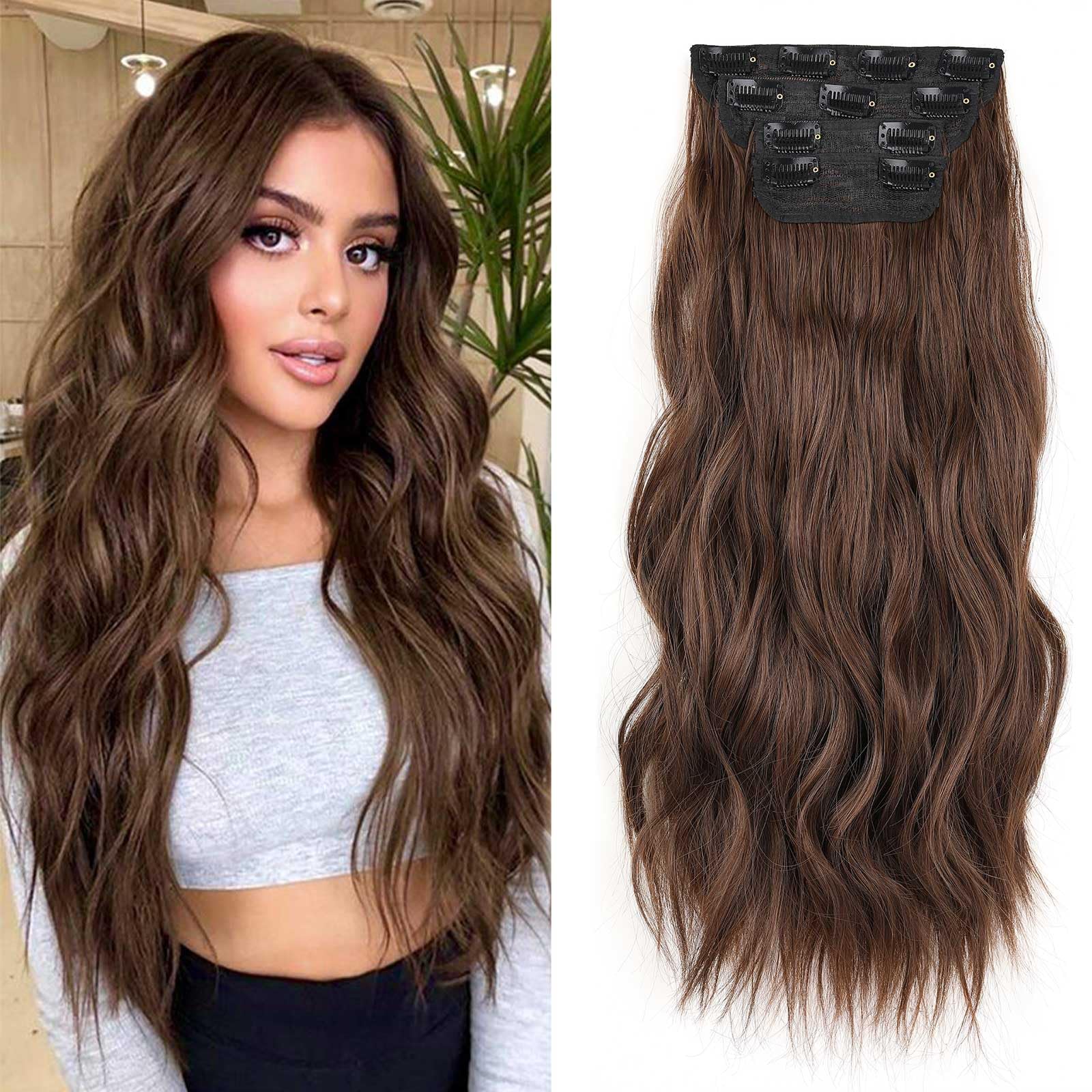 XTREND 16Inch Curly Hair Extensions Dark Brown Clip in Hair Extensions Synthetic Hair pieces for Women Girls 4PCS Full Head Set Thick Curly Wavy Synthetic Hair Extensions(9#) — image 1