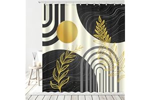AMLabubu Boho Mid Century Shower Curtain, Modern Minimalist Sun Abstract Plant Gold Leaves Aesthetic Bathroom Decor, Polyester Cloth Fabric Bath Curtain with 12 Hooks (Gray, 72" W x 72" L)