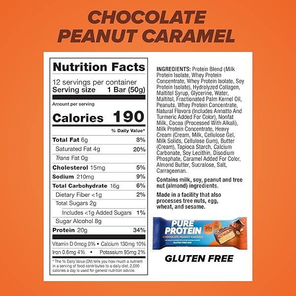PURE PROTEIN BARS, HIGH PROTEIN, NUTRITIOUS SNACKS TO SUPPORT ENERGY, LOW SUGAR, GLUTEN FREE, CHOCOLATE PEANUT CARAMEL, 1.76OZ, 12 COUNT (PACK OF 1) (PACKAGING MAY VARY)