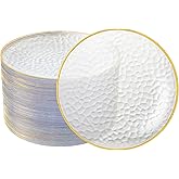 Ciselure 100PCS Clear and Gold Plastic Plates, 7 Inch Disposable Dessert Plates with Gold Rim, Heavy Duty Stone Texture Plastic Plates for Party and Weddings