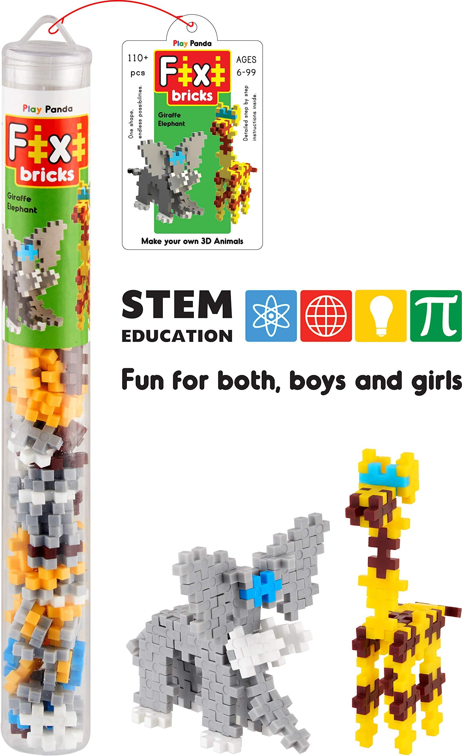 Play Panda Fixi Bricks Jungle Tube 1 - Elephant and Giraffe - with 110 pcs, Detailed Assembly Instructions and Storage Tube - Small Parts (Age 6-99 Years)