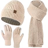 Winter Beanie Hat Scarf Gloves Set for Women, Slouchy Womens Winter Hats Long Scarf Touchscreen Gloves 3 in 1 Set