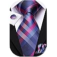 Hi-Tie Mens Plaid Ties Classic Paisley Necktie with Handkerchief Cufflinks Set Business Stripe Tie