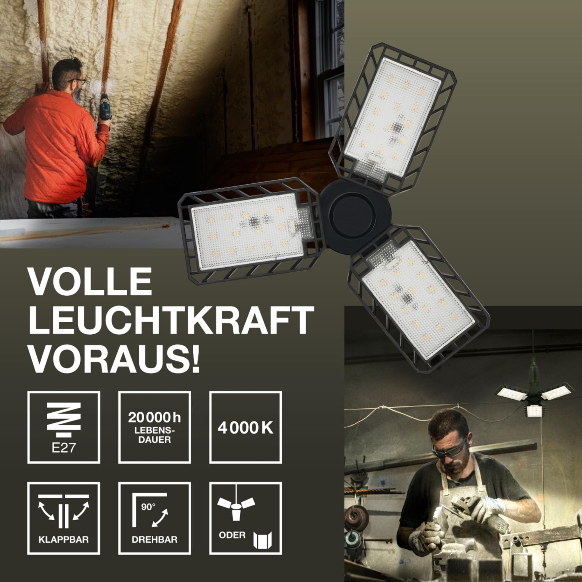 OSRAM Highbay Blade Deckenlampe in Schwarz, Kunststoff, mit verstellbaren Lichtflügeln, bietet 17 W bzw. 1700 lm in Neutralweiß mit 4000 K, E27 Schraubgewinde, 231 mm Durchmesser, IP20 3