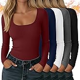 JoyMotion 5 Pack Women's Thermal Shirts Ribbed Fleece Lined Long Sleeve Tops Crewneck Fitted Cotton Winter Undershirts
