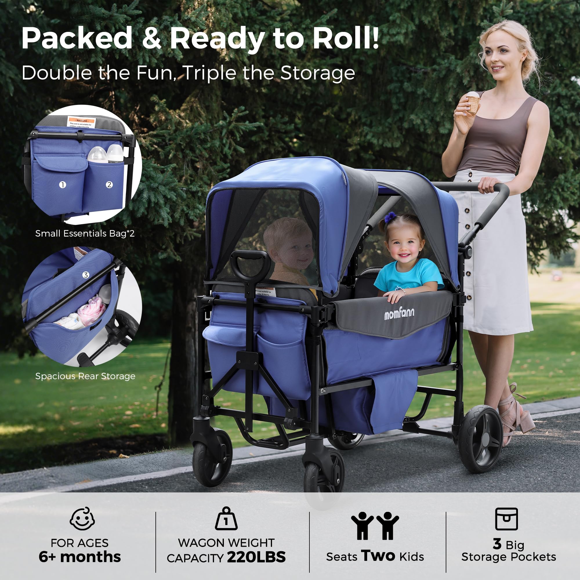 MOMFANN Stroller Wagon for 2 Kids,Foldable Wagon Stroller with Canopy, All-Terrain Parent Organizer, Adjustable Handle & Pull Bar Baby Wagon for Infants and Toddlers, Lavender Blue