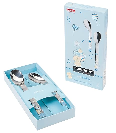 Puresigns ONE Topis Babybesteck Gebogener Löffel Edelstahl Poliert Blau 2-teilig