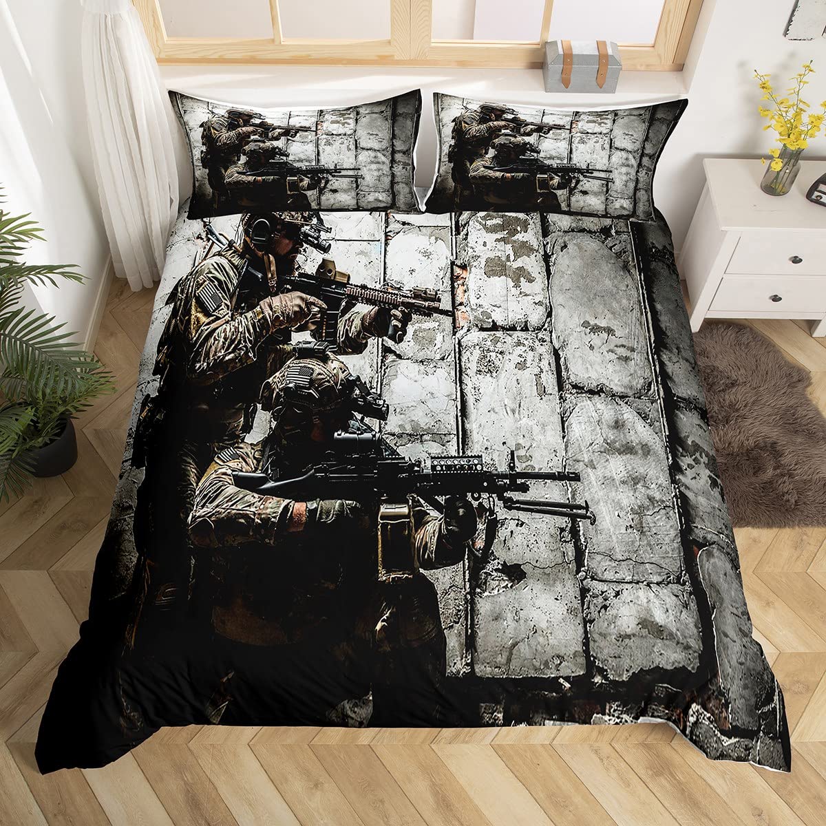 Homewish Soldier With Weapon Comforter Cover, Boys&girls Teens Under Mission Duvet, Army Rifle Machine Gun Bedding Set, Military Themed Bedspread King Size Camouflage Bedroom Decoration For Youth Man — image 1