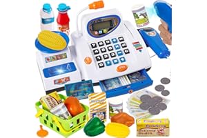 HERSITY Kids Cash Register with Scanner, Real Calculator, Play Money Coins, Food, Children Cashier Toy Set for Boys Ages 3-5, Pretend Play Shopping Games for Toddlers 3 4 5 Years Old