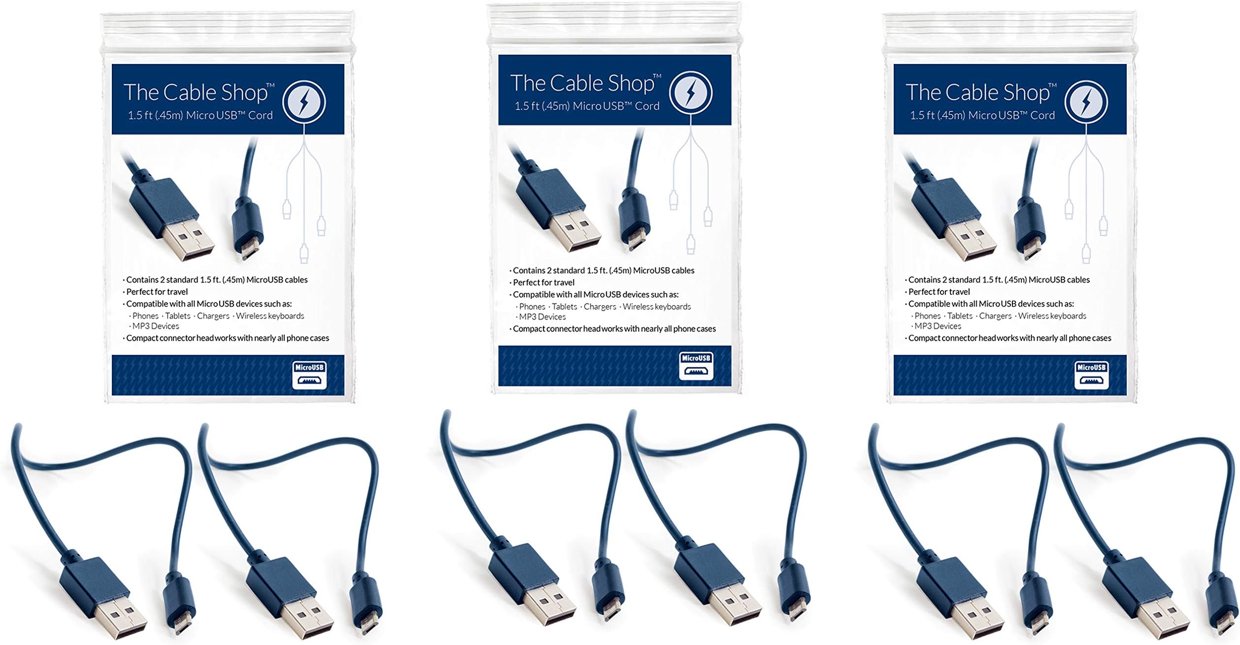 The Cable Shop 1.5 ft (.45m) Micro USB Cord, 6-Pack Set