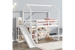 Favfurish Twin Size House Loft Bed with Slide, Storage Shelves and Light, Wood Kids Bed Frame with Guardrail and Ladder,Climbing Ramp,for Teens Boys Girls Bedroom, White