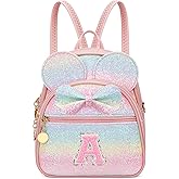 KKXIU Initial Bowknot Mini Backpacks for Girls Women, Small Cute Backpack Purse, Personalized Valentines Day Gifts for Toddler, Kids and Teen Girls(A, Rainbow)