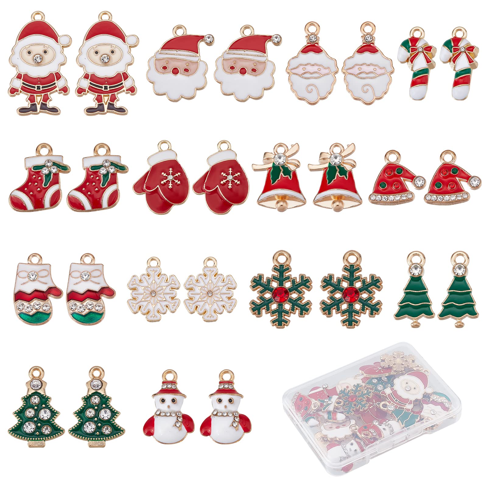 SUNNYCLUE 1 Box 28 Pcs 14 Style Enamel Christmas Charms Christmas Tree Charms Bulk Candy Cane for Jewelry Making Glove Hat Rhinestone Socks Wreath Snowflake Earrings Making Decor — image 1