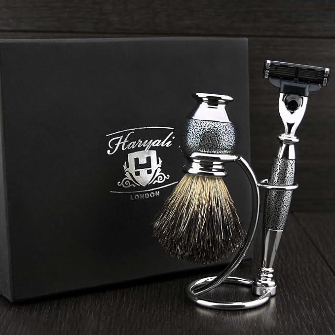 3 Pieces Men's Shaving Gift Set in Sliver Antique with Triple Edge