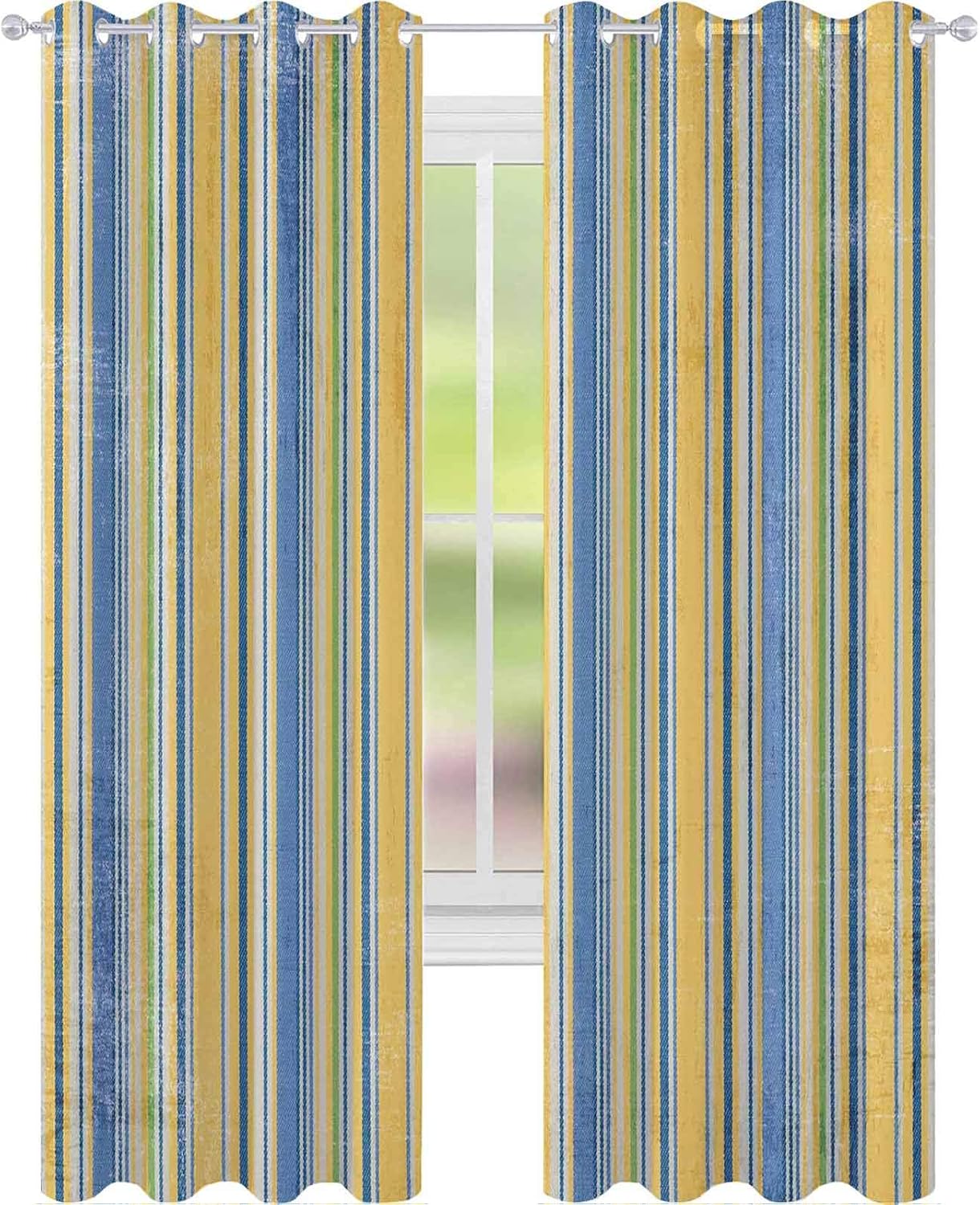 YUAZHOQI Room Darkening Curtains Yellow Blue Twill Fabric Stripe 52" x