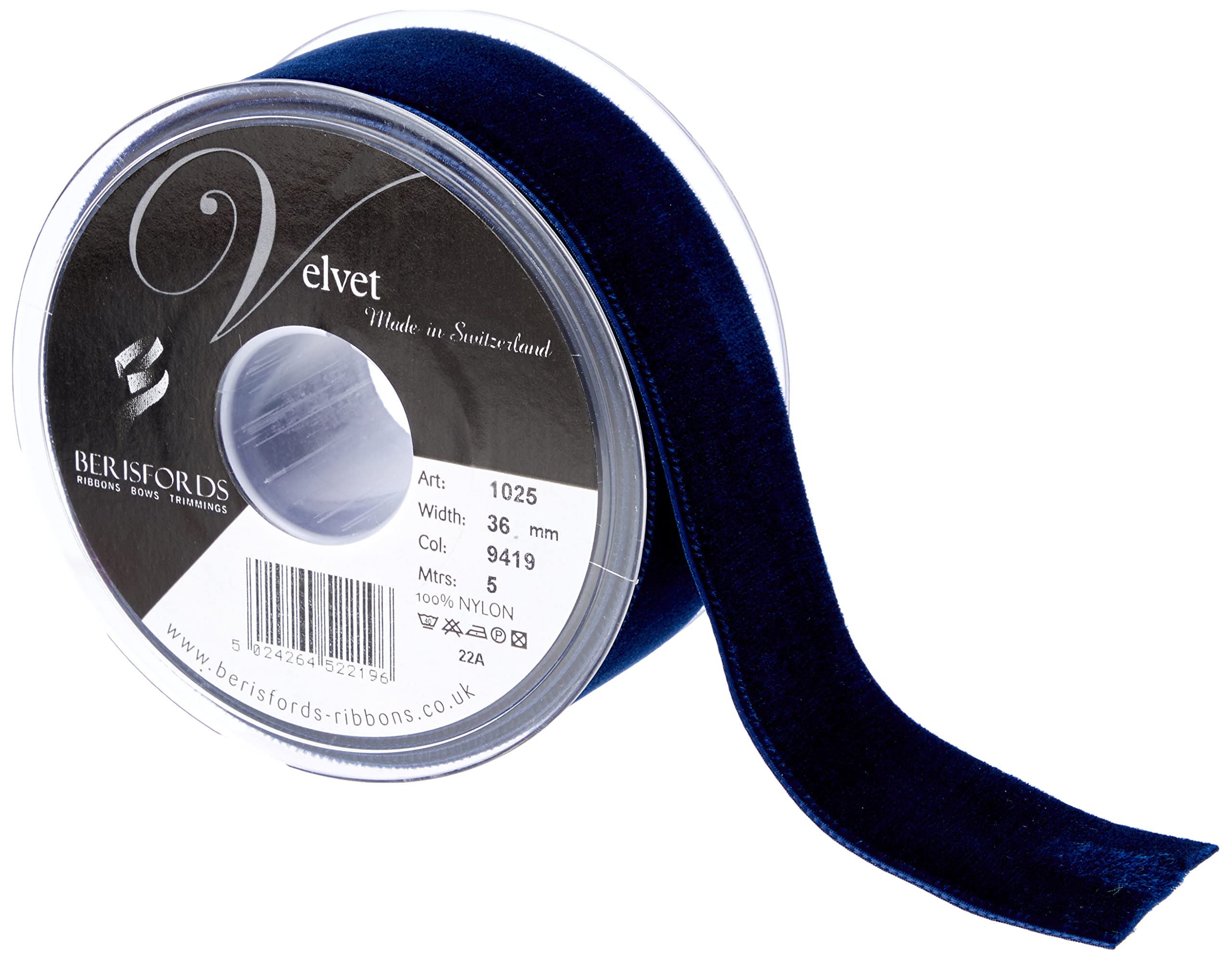 Berisfords Velvet Ribbon, Navy, 36mm X 5m
