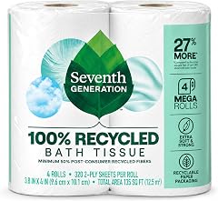 Seventh Generation White Toilet Paper, 4 Pack (4 Rolls) | Extra soft & strong 2-ply toilet paper; 4 mega rolls, 320 sheets ea